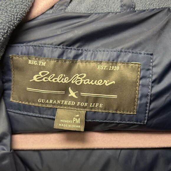 Eddie Bauer Long Jacket Womens PM Blue Down Puffer Parka Coat Faux Fur Hood - Picture 2 of 11